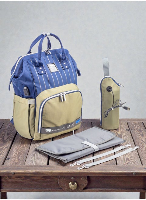 Lucid's latest edition waterproof maternity bag with changing mat and thermal bottle holder with heating element - Blue